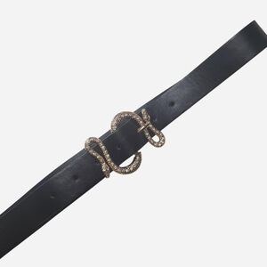 Unbranded Black Faux Leather Belt Womens 38" Long Gold Snake Rhinestone Buckle